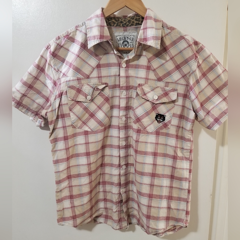 Lucky Brand Plaid Western Shirt Patch Detail Size L Casual Cowboy